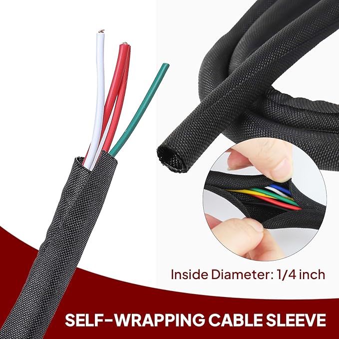 Black Braided Cable Management Sleeves Wire Loom Tubing Cord Protector Self-Wrapping (1/4"-18Feet)