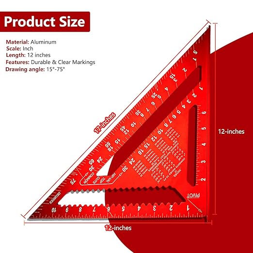 Carpenter Square 12 Inch, Aluminum Rafter Square Carpenter for Woodworking, Sturdy Angle Drawing Measuring Ruler, Layout Tool Alloy Triangle Ruler Protractor for Carpentry, Red