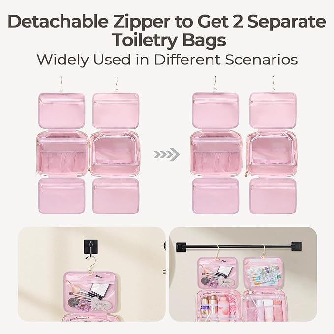 Hanging Travel Toiletry Bag for Women Detachable Toiletry Bag with 6 Compartments Large Makeup Bag Cosmetic Organizer for Bathroom Shower Business Trips Camping, Pink