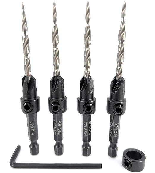 FTG USA Adjustable Wood Countersink Drill Bit Set 4 Pc #8 (11/64") with Tapered Drill Bit for Woodworking