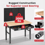 Work Bench for Garage 48 x 24 Inch Adjustable Height Workbenches with Drawers Heavy Duty Rubberwood Tabletop Work Table with Pegboard, Power Outlets for Office Home Commercial