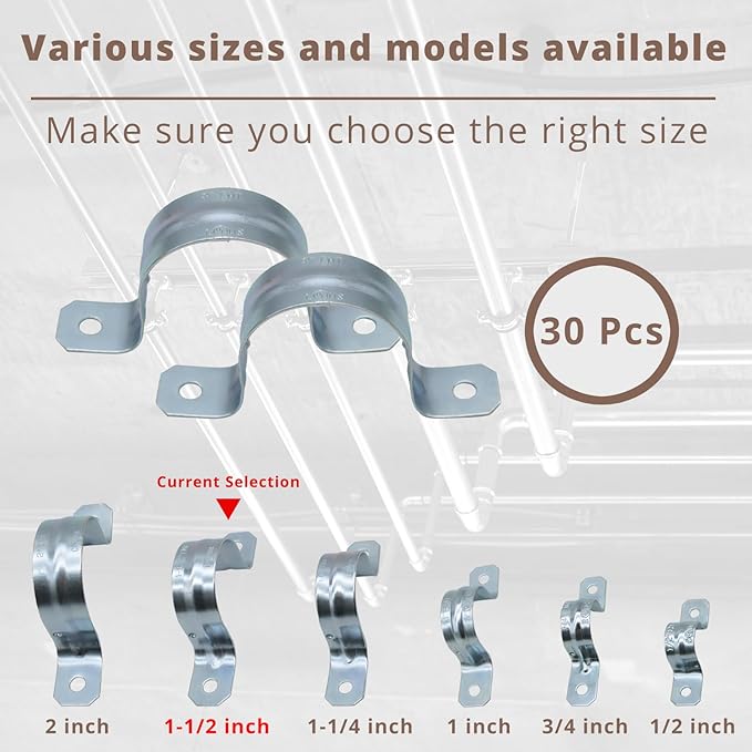 1-1/2" 30PCS Zinc-Plated Steel Pipe Strap Clamps, U Bracket Pipe Strap Clamp, Conduit Clamps, for Pipes Fixing on Various Surfaces