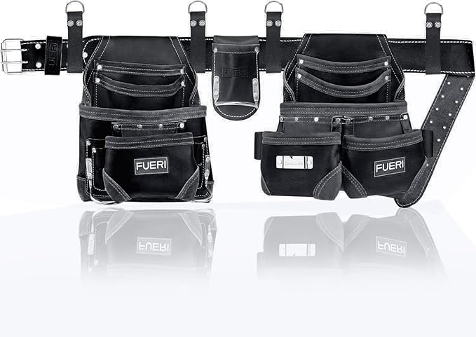 FUERI Leather Tool Belt Bag Men Pouch Heavy Duty Tools Pouches Organizer for Carpenter Construction Electrician Belts Bags Holder (16 Pocket Black, Adjustable)
