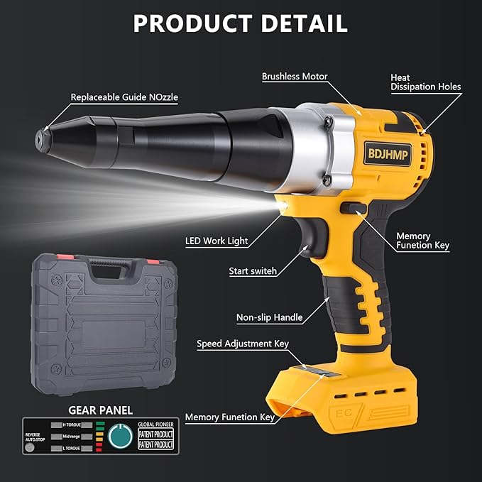 Cordless Rivet Gun Tool for Dewalt 20V Max Battery(No Battery), Brushless Electric Automatic Rivet Gun,Brushless Motor for Rivets 1/8'', 5/32'', 3/16", for Metal, Plastic and Leather