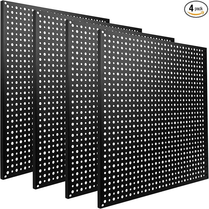 Pegboard Rack Garage Storage Steel Horizontal Peg Board Pack,Steel Pegboard Heavy Duty- 4 Pack 16-Inch X 16-Inch Metal Peg Board Tool Organization Panels(Black)