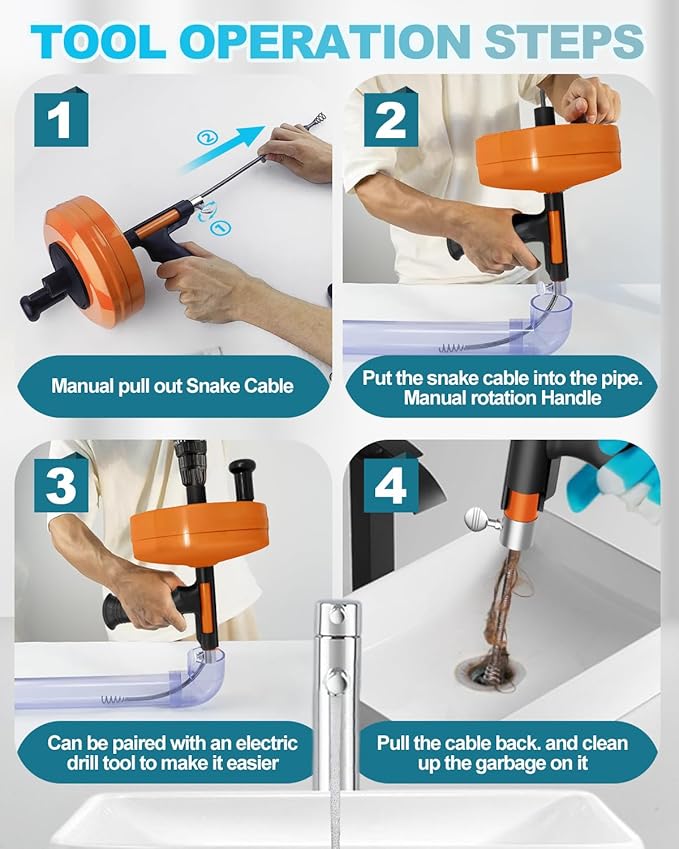 Drain Auger, Plumbing Snake with Drill Adapter, 25 ft Flexible Drain Snake Clog Removal Tool Use Manually or Powered for Kitchen Bathroom Shower Sink, Come with Gloves and Cloth Bag (Orange)
