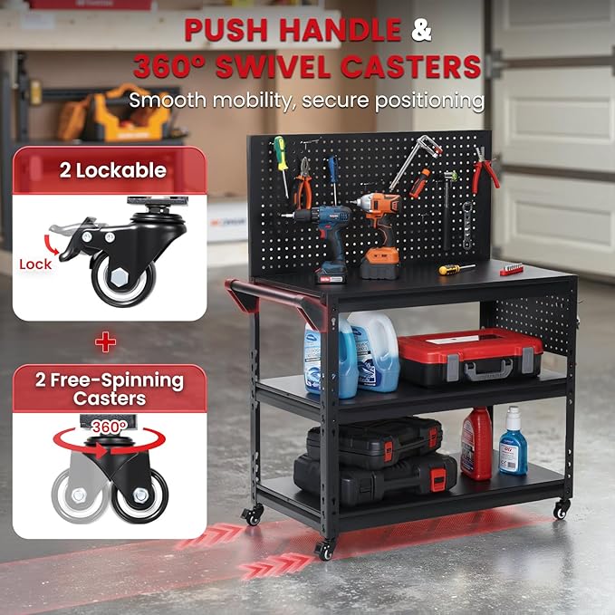 Workbench with Dual Pegboards 3-Tier Adjustable Rolling Work Table Heavy Duty Metal Tool Bench with Push Handle & Wheels Mobile Workstation for Garage, Workshop, Warehouse