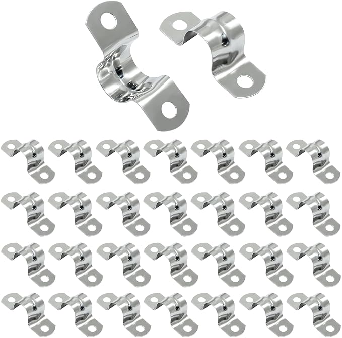Hordion 30Pcs 5/8" Two Hole Strap U Bracket, M16 Rigid Pipe Strap Stainless Steel Conduit Clamp for Fixing Pipe