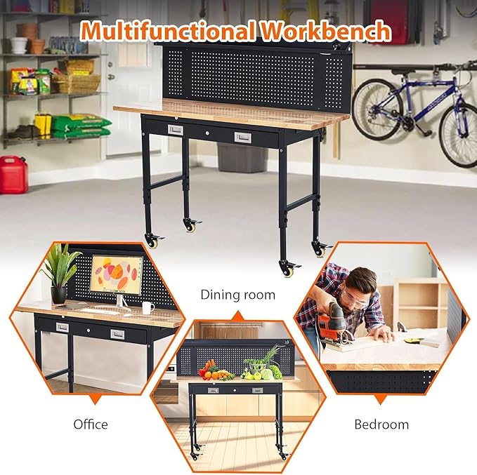 Work Bench 60" Adjustable Height, Heavy-Duty Portable Workbench with Power Outlets and Drawer for Garage & Workshop, 2000 LBS Load Capacity Large Pegboard, Work Table for Office, Home, Easy Assembly