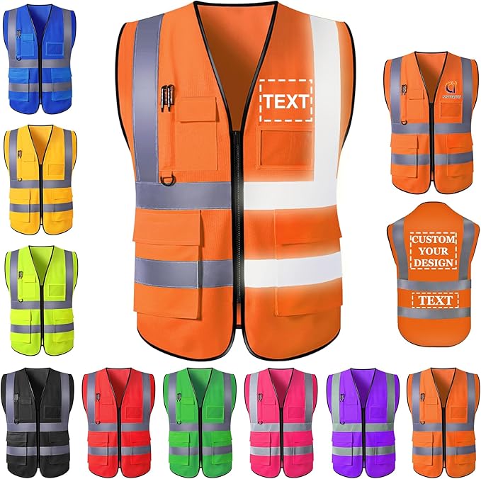 Custom Safety Vest for Men with Logo Pockets Personalized High Visibility Protective Workwear with Reflective Strip