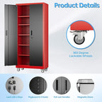 71" H×32" W×16" D Garage Storage Cabinet with Wheels, Locking Metal Storage Cabinet with 5 Adjustable Shelves, 4 Hooks and Pegboard for Garage, Home Office, Kitchen, Black and Red