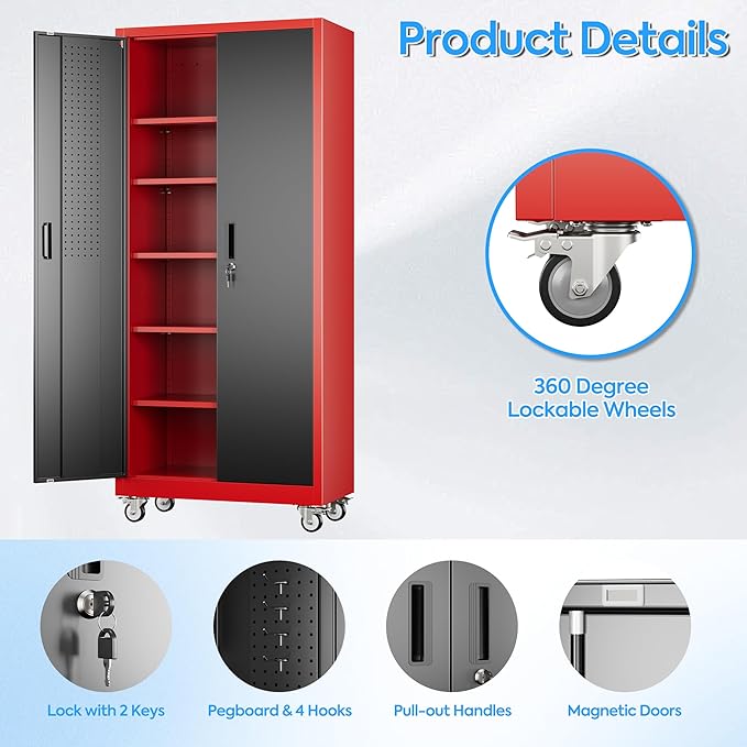 71" H×32" W×16" D Garage Storage Cabinet with Wheels, Locking Metal Storage Cabinet with 5 Adjustable Shelves, 4 Hooks and Pegboard for Garage, Home Office, Kitchen, Black and Red