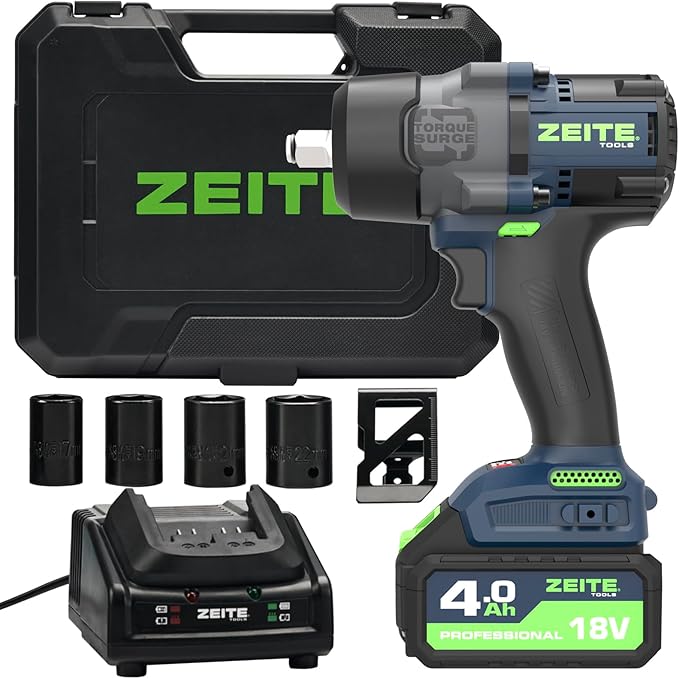 Zeite 18V Cordless Impact Wrench Kit,High Torque 1/2" Brushless Impact Gun,Max Torque 885 Ft-lbs(1200Nm),4 Torque Mode,Variable Speed,4 x Sockets,1 x 4.0Ah Battery,Carry Case,Ideal for Car Truck Home