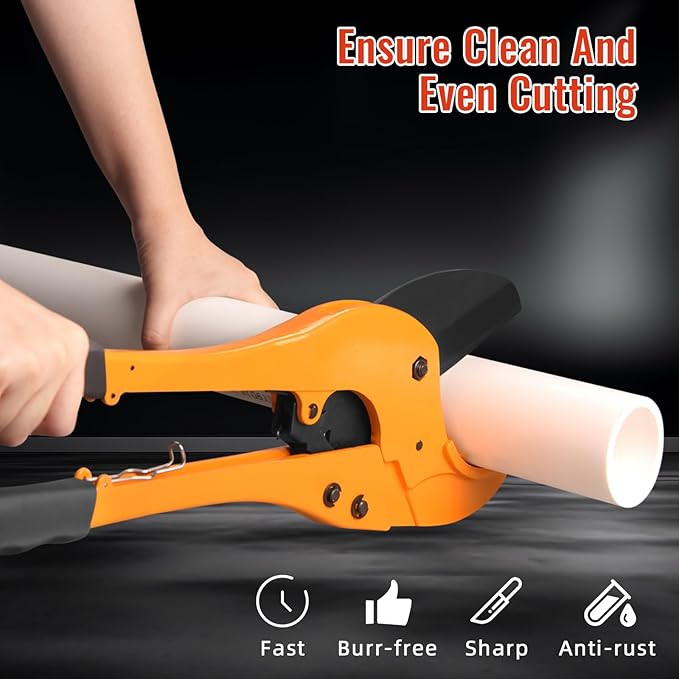 DOMINOX Heavy Duty PVC Pipe Cutter - Cuts Up to 2-7/8", 75mm Ratchet Type PVC Cutter SK5 Blade and Aluminum Alloy Body, One-hand Rapid Cutting Tool for PEX, PVC, and PPR Pipe