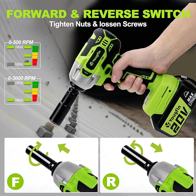 Yougfin Cordless Impact Wrench 1/2 inch for Lug Nuts, 20V Brushless Power Impact Gun Kit 400N.M, 4.0 Ah Battery Powered Impact Driver Heavy Duty, Electric Impact Wrench for Car Home