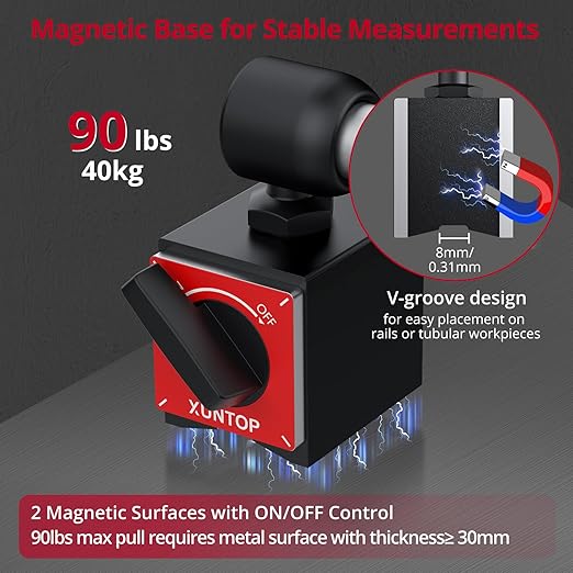 0-1inch/0.0005inch Dial Digital Indicator and 90lbs (40kg) Magnetic Base Magnetic Electronic Indicator with 3 Adjustable Joints 5/16 inch (8mm) Clamping Diameter for Lathe CNC 3D Printer