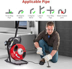 50 FT x 1/2 Inch Drain Cleaner Machine with 250W Motor, Manual Feed Sewer Snake Auger with 4 Cutters & Air-Activated Foot Switch, Semi-Enclosed Drum Drain Cleaning Tool for 2" to 4" Pipes