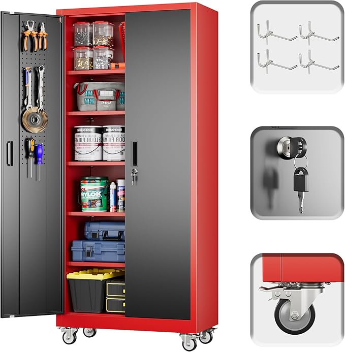 71" H×32" W×16" D Garage Storage Cabinet with Wheels, Locking Metal Storage Cabinet with 5 Adjustable Shelves, 4 Hooks and Pegboard for Garage, Home Office, Kitchen, Black and Red