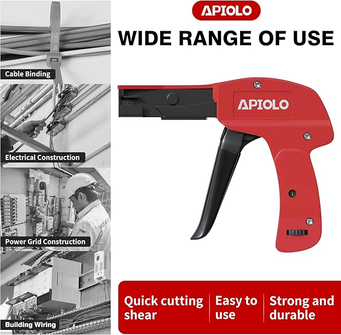 Zip Tie Gun, Cable Tie Gun with Cutting and Fastening, Adjustable Tension 1-3 Setting, Red, 6.29 Inches Length