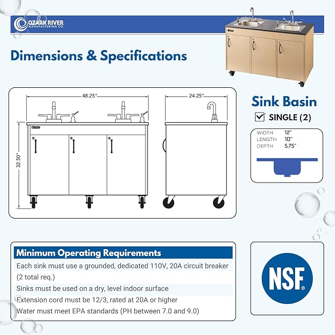 Ozark River Portable Sinks Lil Delux, Child Height Double Basin Portable Hand Washing Station for Daycares & Classrooms, Self-Contained Portable Sink with Hot Water for Kids