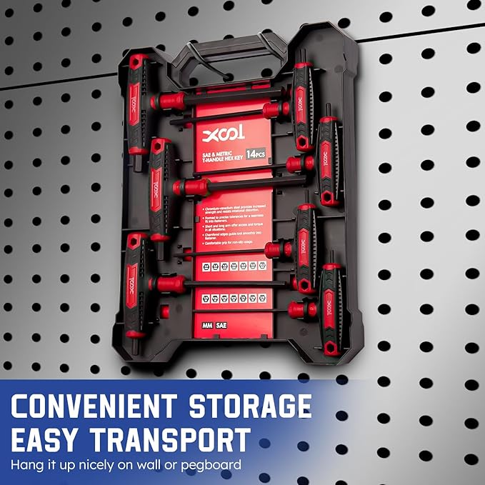 XOOL 14PCS T Handle Allen Wrench Set, Metric & SAE Hex Key Set, Long Arm Hex Key Wrench Set with Portable Organizer