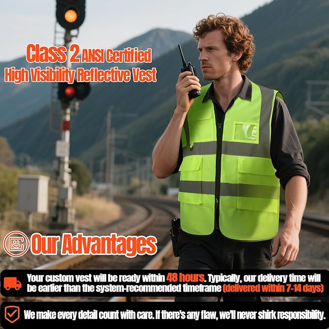 BeautyWill Custom Safety Vest Customized Logo Class 2 High Visibility Reflective Vest with Pockets Construction workwear