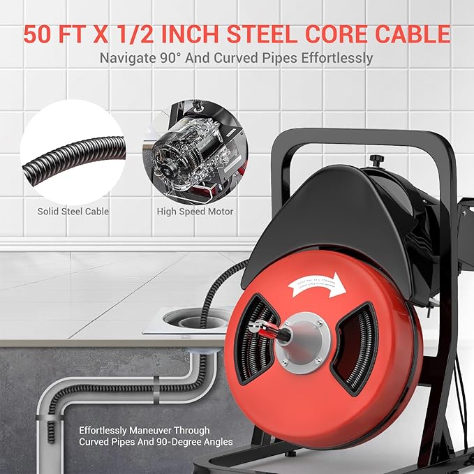 50FTx1/2 Inch Sewer Snake Electric Drain,Drain Cleaner Machine for 2" to 4" Pipes, Plumbing Snake Auger Cleaner with Wheels & 4 Cutter & Foot Switch for Sewer, Sink, Toilet, Bathroom and Shower