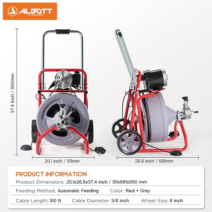 Albott 100 FT x 3/8 inch Electric Drain Cleaner Machine with Auto-Feed & 9 Cutters, Sewer Snake Auger for 1–4 Inch Pipes, Foot Switch & Wheels, Ideal for Home & Commercial Use, Grey/Red