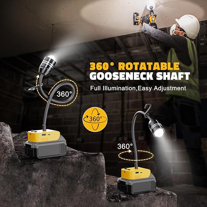 LIVOWALNY 2000LM LED Work Light Compatible with Dewalt 20V Battery, 20W Flood Light, 12" Flexible Gooseneck, Flashlight Lights with USB-A & Type-C Charging Port, Low Voltage Protection (No Battery)