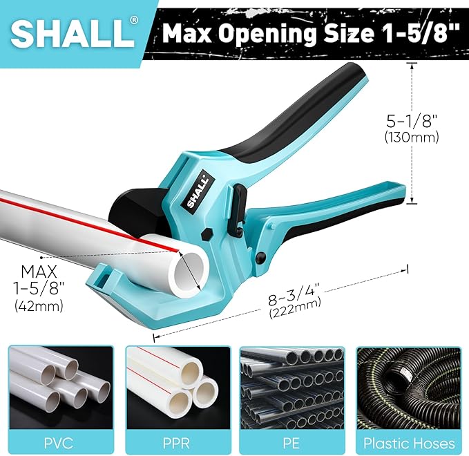 SHALL PVC Pipe Cutter, Cuts up to 1-5/8”, Heavy-Duty Aluminum Ratchet Pipe Cutter Tool for PVC, PPR, PE, PEX, Plastic Hoses & Plumbing Pipes, Fast Pipe Tube Cutters with High Performance SK5 Blade