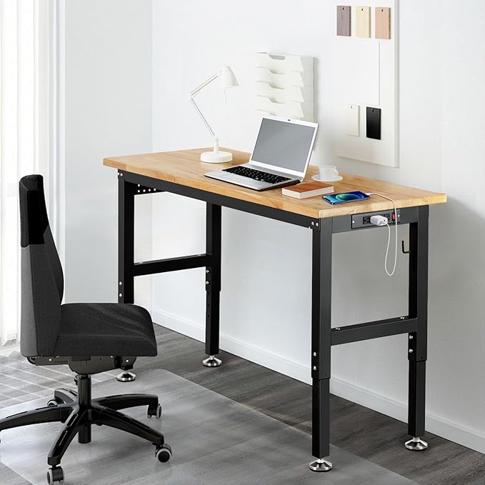 Work Bench for Garage 48 x 20 Inch Adjustable Height Rubberwood Tabletop Work Table with Pegboard, Power Outlets Garage Workbench for Woodworking Shop, Home, Office, Electronic Cutting Wood