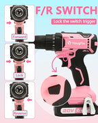 Yougfin Cordless Drill Set, 20V Power Drill Driver With Battery & Charger, 3/8'' Keyless Chuck, Variable Speed, 25+1 Torque Setting, Pink & Black