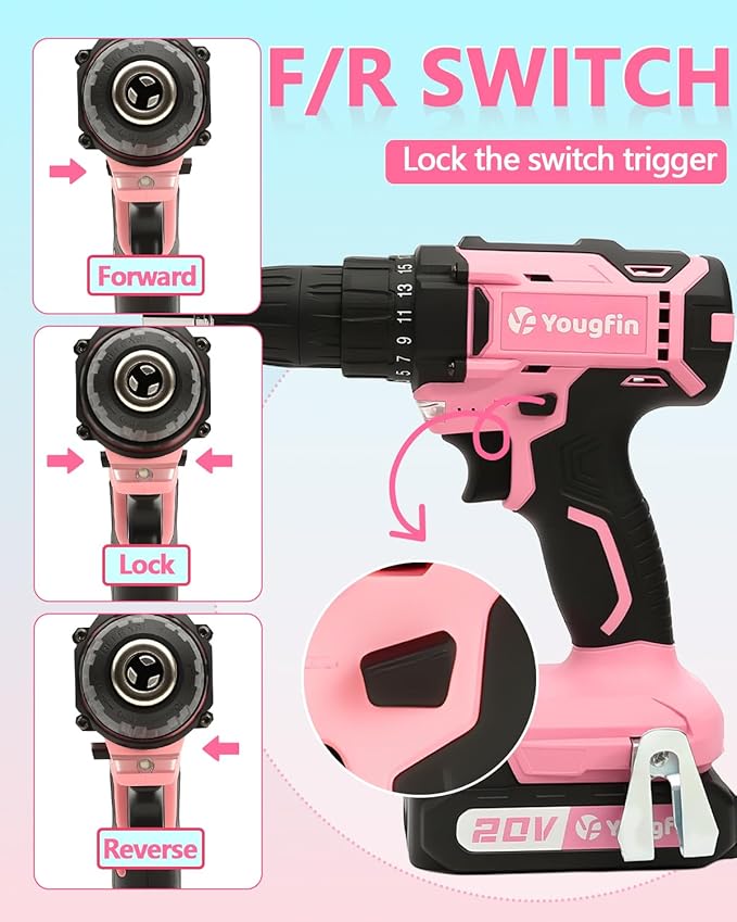 Yougfin Cordless Drill Set, 20V Power Drill Driver With Battery & Charger, 3/8'' Keyless Chuck, Variable Speed, 25+1 Torque Setting, Pink & Black