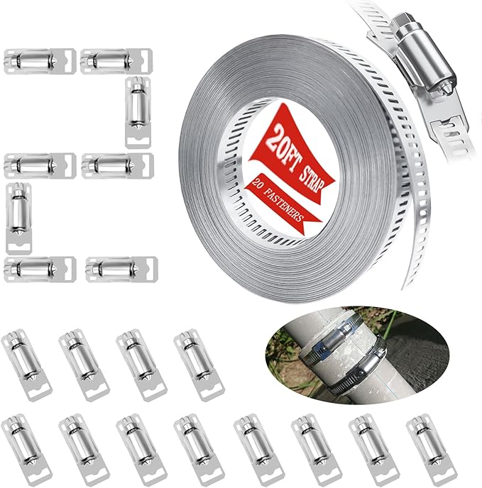 Hose Clamps 20FT Strap+20 Fasteners,DIY Cut-To-Fit 304 Stainless Steel Adjustable Large Worm Gear Band Clamp Assortment Kit,Metal Screw Fasteners and Strapping for Pipe,Duct,Pole,Tube