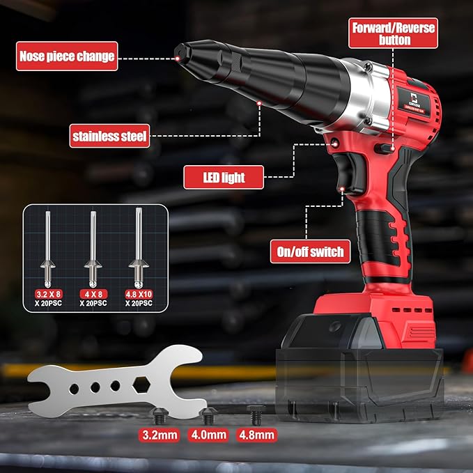 Cordless Rivet Gun Kit Compatible with Milwaukee 18V Brushless Electric Riveters Gun Tool with 3-Size Steel Rivets(1/8"-5/32"-3/16") LED Light & Nose Piece (Bare Only)