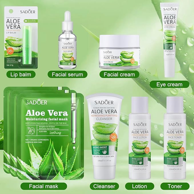 10 Pcs Skin Care Sets Face Care Set for Women Includes 1 Pcs Cleanser, Toner, Lotion, Eye Cream, Serum, Face Cream, Lip Balm and 3 Facial Masks Skincare Gift for Girls (Aloe Vera)-VeraVaultWomen