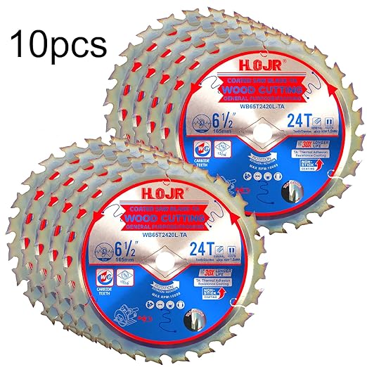 10-Pack 6-1/2" 24-Tooth 5/8“ Arbor Woodworking Circular Saw Blade,Framing/General Purpose, Special Anti-Thermal Adhesion Coating on Cutting Edge - TA,High Finish,Long Life,6-1/2" 24T 5/8"