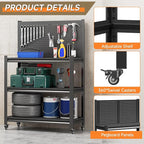 Workbench with Pegboard, Adjustable Heavy Duty Work Table with Wheels, Heavy Duty Workstation, Metal Tool Work Bench for Garage Warehouse Workshop, 48" H x 18" D x 34" W, Black