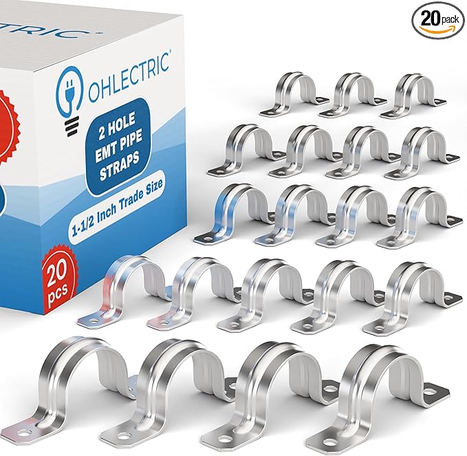 OHLECTRIC Heavy Duty Pipe Strap (20 Pack - 1½ Inch) Zinc Plated Conduit Clamps, 2 Hole Steel EMT Pipe Strap U Bracket, Zinc Coated Tension Tube Clip, Metal Pipe Clamp for EMT Conduits