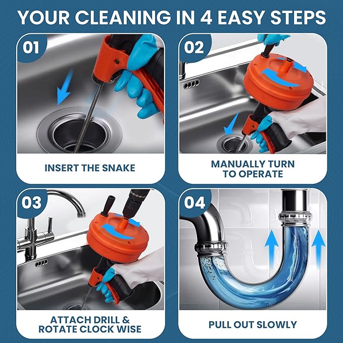 50ft drain auger with Drill Attachment Kit Includes drain snake Gloves Glasses Brushes Plastic Drainers and Bag for Quick Clog Removal