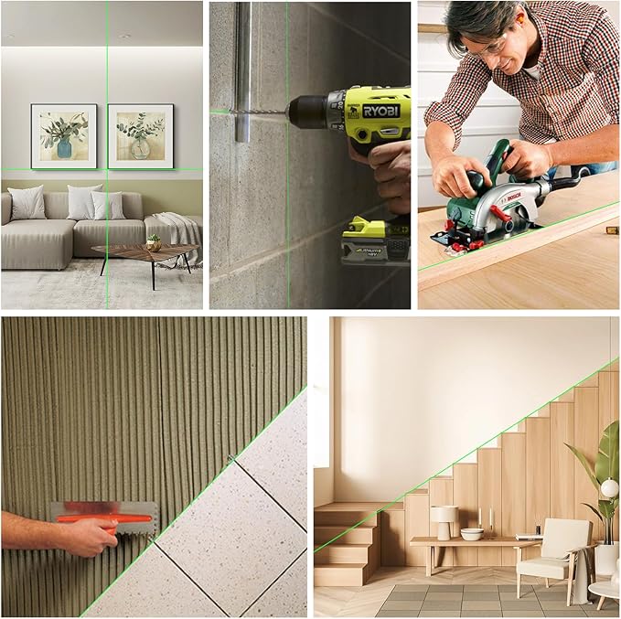 Laser Level 360 Self Leveling, 4 * 360° Green Cross Line Lazer Leveler Tool, Professional 4D Laser Level for Picture Hanging and Construction, Remote Control & 2 Batteries