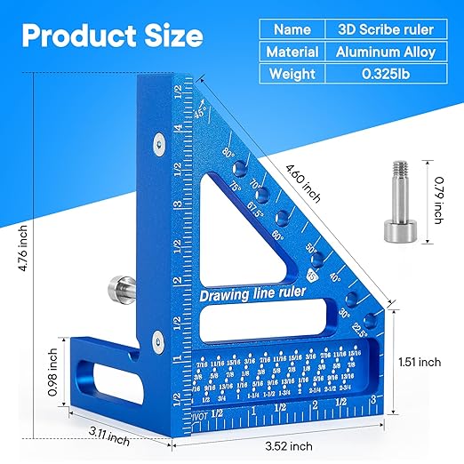 Premium Versatile Multi-Angle Carpenter Square Measuring Ruler for Woodworking, Engineering, and Construction (22.5-90 Degrees with Angle Pin) (Blue)