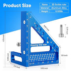 Premium Versatile Multi-Angle Carpenter Square Measuring Ruler for Woodworking, Engineering, and Construction (22.5-90 Degrees with Angle Pin) (Blue)