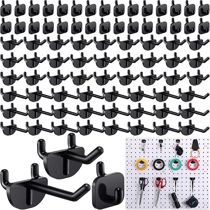 84 Pcs Pegboard Hooks Plastic Straight Hook Fits 1/4" Pegboards Accessories Multiple Size Peg Board Hooks for Craft Storage Tool Room Kitchen Garage Organizer Tools Display (Black)