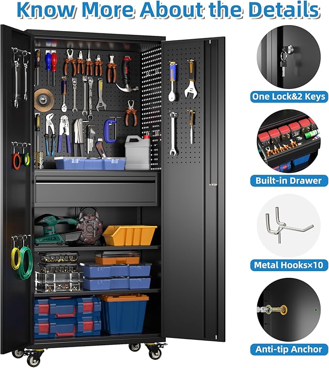 71" Metal Garage Storage Cabinet with 16 Hooks and Pegboards,1 Drawer Inside Rolling Tool Storage Cabinet with Adjustable Shelves,3 Metal Hanging Rod for Garage,Warehouse