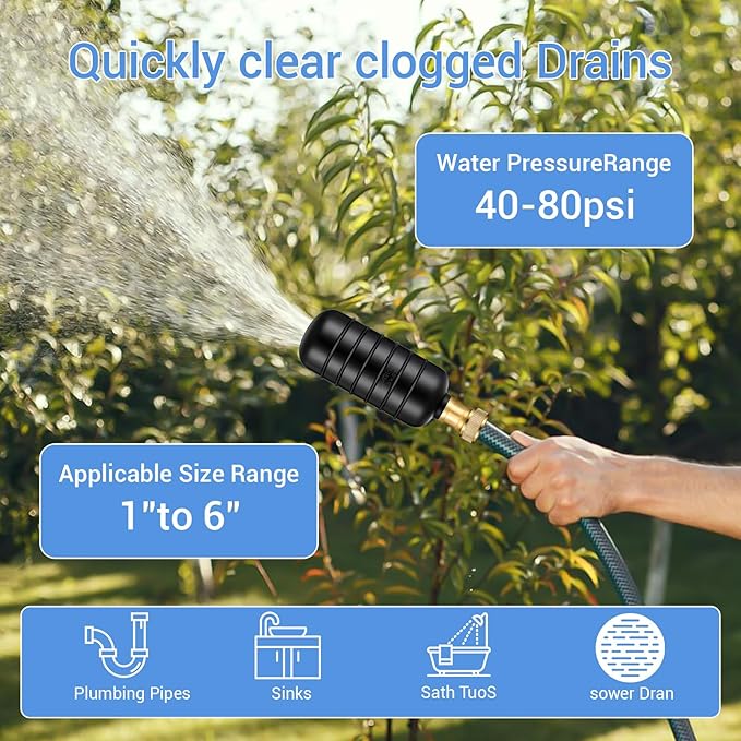 Drain Cleaning Bladder- Fits 1" to 2" Pipes, 3/4" Hose Thread Valve,Ideal for Sinks, Showers, Tubs & Sewer Lines, Rubber, Easy Daily Use, Cold Water Only (3Pc)