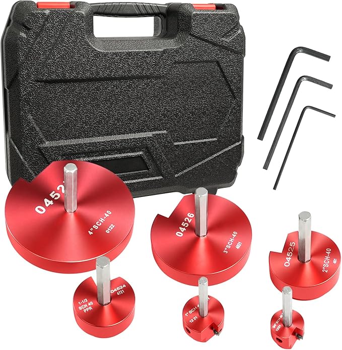 04529 for PPRK6 Plastic Pipe Fitting Reamer, PVC Pipe Reamer Kit, PVC Reed Pipe Reamer Contains 3/4",1",1-1/2",2",3",4" Aluminum Head Fit into Standard 1/2" Drill for CPVC, PPR or ABS