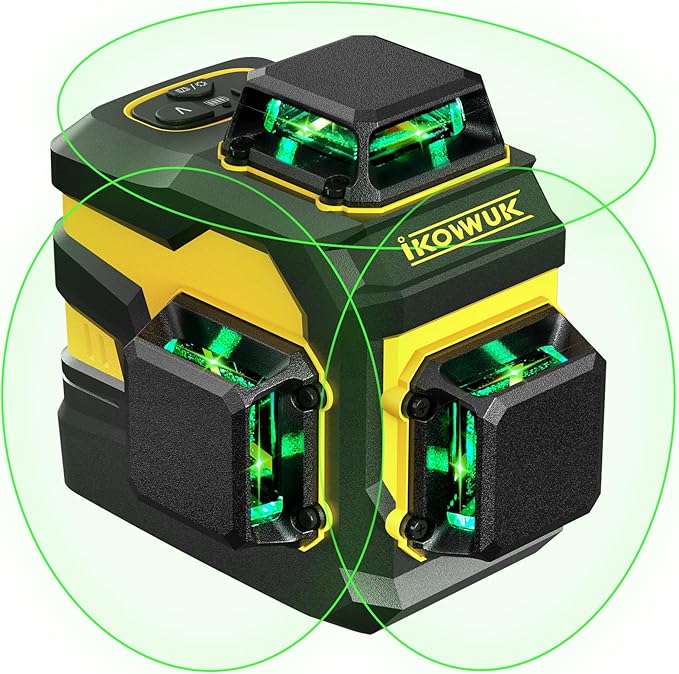 IKOVWUK Laser Level, 3x360° Cross Line Laser for Construction and Picture Hanging, 12 Green Lasers with Self-leveling, 3D Vertical & Horizontal Line, Level Tool with 5200 mAh Rechargeable Battery