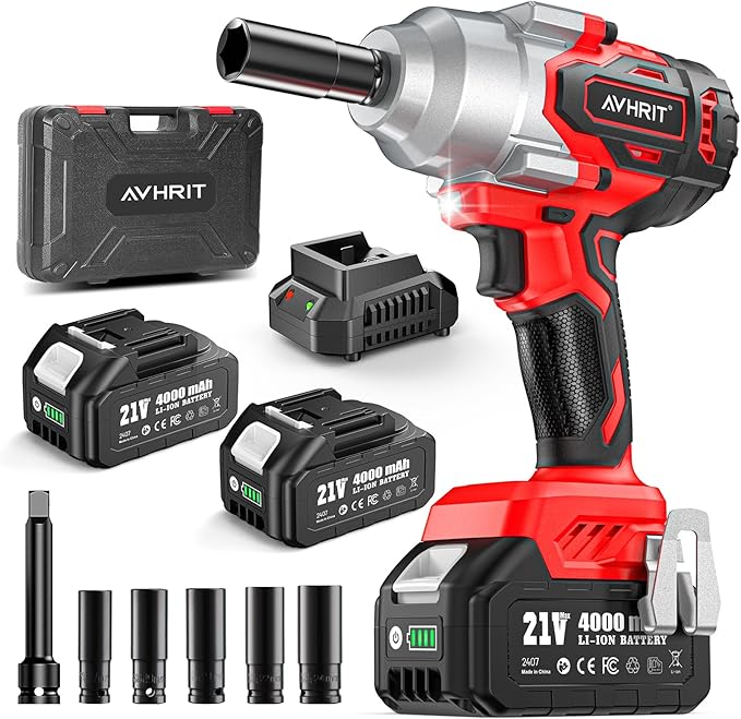 Avrhit Cordless Impact Wrench 1/2 Inch, 1300Nm / 960ft-lbs High Torque Impact Gun with 2x 4.0Ah Batteries, 5 Sockets Electric Impact Driver for Car/Truck RV/Mower