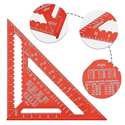 Beslands Aluminum 12-inch Rafter Square Carpenter Measuring Layout Tool Alloy Metal Triangle Ruler Imperial Protractor for Woodworking and Carpentry Red